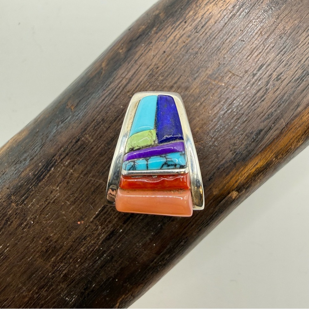 Sterling Silver Multi Stone Inlay Pendant Mosiac Western Turquoise Festival Boho